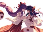  2girls ascot black_hair blurry bow closed_eyes depth_of_field detached_sleeves face-to-face from_side hair_bow hair_tubes hakurei_reimu hakurei_reimu_(pc-98) highres holding_hands interlocked_fingers japanese_clothes long_hair long_sleeves looking_at_another miko motion_blur multiple_girls ponytail profile red_bow red_skirt ribbon_trim ryuh_(asahina_neru) sidelocks skirt skirt_set touhou touhou_(pc-98) very_long_hair white_background wide_sleeves yuri 