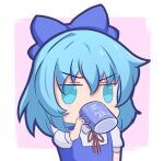  1girl blue_bow blue_dress blue_eyes blue_hair bow chibi cirno collared_shirt cup dress drinking esthoric mug pinafore_dress purple_background red_ribbon ribbon shirt short_hair shrit touhou translation_request white_background white_shirt 