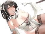  1girl azur_lane black_hair black_legwear branch breasts chen_hai_(azur_lane) china_dress chinese_clothes cleavage clothes_lift collarbone commentary_request covered_navel cowboy_shot detached_collar detached_sleeves dress dress_lift dutch_angle eyebrows_visible_through_hair eyelashes flower forehead hair_between_eyes hair_flower hair_ornament hair_ribbon lace-trimmed_legwear lace_trim large_breasts long_hair looking_at_viewer mouth_hold pantyhose penggan red_eyes ribbon ribbon_in_mouth sidelocks simple_background solo strapless strapless_dress thighhighs thighs white_background white_dress 