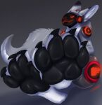  anthro barefoot black_pawpads feet fluffy fluffy_tail foot_fetish foot_focus fur grey_body grey_fur hi_res jazzumi machine male pawpads paws protogen protogen_visor soles solo toes 