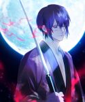 1boy animal_print bags_under_eyes blood blue_hair butterfly_print cma_cmakuma full_moon gintama hair_between_eyes hair_over_one_eye holding holding_weapon japanese_clothes moon night night_sky one_eye_closed open_clothes open_shirt pectorals red_eyes short_hair sky solo takasugi_shinsuke upper_body weapon 