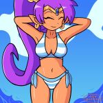  accessory bikini breasts circlet cleavage clothed clothing donmarcino ear_piercing eyes_closed female genie hair hair_accessory hands_behind_head hi_res humanoid humanoid_pointy_ears long_hair navel not_furry piercing ponytail purple_hair shantae shantae_(series) smile solo swimwear video_games watermark wayforward 