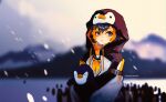  1girl absurdres animal bird black_hair black_hoodie blue_eyes breath dante_minos english_commentary eyebrows_visible_through_hair highres holding holding_animal holding_bird hood hoodie looking_to_the_side multicolored_hair neckerchief nijisanji nijisanji_en orange_hair penguin petra_gurin sailor_collar short_hair snowing solo streaked_hair twitter_username two-tone_hoodie virtual_youtuber white_hoodie yellow_neckerchief 