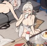  2girls barefoot closed_eyes controller cup drinking drinking_glass food highres milk multiple_girls naked_towel original pointy_ears pudding remote_control rusellunt sleeping towel vampire&#039;s_sister_(gogalking) vampire_(gogalking) white_hair 