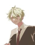  1boy amami_rantarou antenna_hair bangs black_jacket black_necktie blonde_hair collared_shirt danganronpa_(series) danganronpa_v3:_killing_harmony ear_piercing earrings formal green_eyes grey_background grin hair_between_eyes highres jacket jewelry necktie oji-sama_(ochi4t) piercing shirt short_hair simple_background smile solo suit teeth white_shirt 