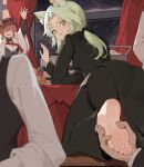  2boys 2girls :d absurdres animal_ear_fluff animal_ears arknights ass barefoot black_dress black_jacket black_pants black_vest blurry blurry_foreground blush breasts cat_ears closed_mouth cup depth_of_field dress drinking_glass ears_through_headwear faceless faceless_female feet formal grabbing green_eyes green_hair heidi_(arknights) hetero highres indoors jacket kal&#039;tsit_(arknights) long_hair long_sleeves looking_back low_ponytail medium_breasts multiple_boys multiple_girls official_alternate_costume open_mouth pants red_headwear saliva saliva_trail shirt smile snowing soles steam suit thigh_strap toes v-shaped_eyebrows vest waving white_shirt window xssh 