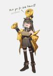  1girl 1other banana_(girls&#039;_frontline) boots breasts celebration closed_eyes dinergate_(girls&#039;_frontline) english_text girls&#039;_frontline gloves highres jacket large_breasts megaphone mod3_(girls&#039;_frontline) respirator ro635_(girls&#039;_frontline) skirt socks trove yellow_jacket 