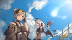  2girls absurdres animal_ears artist_name bangs black_gloves cat_ears choker cloud cloudy_sky commentary_request dated day double_bun expressionless eyebrows_visible_through_hair eyewear_on_head fake_wings girls&#039;_frontline gloves highres light_brown_hair looking_at_viewer multiple_girls official_alternate_costume outdoors own_hands_together p7_(girls&#039;_frontline) p7_(sister_gunslinger)_(girls&#039;_frontline) p90_(girls&#039;_frontline) parted_lips purple_eyes red_eyes short_hair signature sky sunglasses tail upper_body wings yangli_myrica 