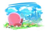  blue_sky city closed_eyes cloud cloudy_sky commentary_request day flower goyain highres kirby kirby_(series) kirby_and_the_forgotten_land on_grass outdoors pink_flower profile sitting sky solo tower white_flower 
