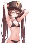  1girl absurdres armpits arms_up bangs bikini black_bikini blush breasts brown_hair closed_mouth danyo_(chung0226) eyebrows_visible_through_hair flower flower-shaped_pupils genshin_impact hair_between_eyes hat hat_flower highres hu_tao_(genshin_impact) long_hair looking_at_viewer navel simple_background small_breasts solo stomach swimsuit symbol-shaped_pupils upper_body very_long_hair white_background 