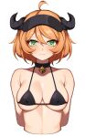  1girl ahoge arknights bangs bare_shoulders bell bikini black_bikini black_choker blush breasts choker collarbone commentary_request covered_nipples croissant_(arknights) cropped_torso eyebrows_visible_through_hair green_eyes hair_between_eyes hanenosaki highres horns large_breasts looking_at_viewer neck_bell orange_hair short_hair simple_background smile solo stomach swimsuit upper_body visor_cap white_background 