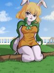  2021 absurd_res anthro blonde_hair boots breasts carrot_(one_piece) clothing cloud day female footwear fur grass hair hi_res lagomorph lordguyis mammal one_piece open_mouth open_smile plant signature sitting sky smile solo white_body white_fur 