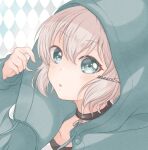  1girl :o amairo_shizuku aoba_moca artist_name bang_dream! choker green_eyes grey_hair hair_between_eyes hand_up hood hood_up hooded_jacket jacket lock looking_at_viewer short_hair signature solo upper_body 