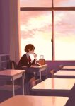  1girl absurdres brown_hair classroom curtains food highres holding holding_food indoors inoue_haruka_(haruharu210) long_sleeves necktie original red_necktie reflection short_hair sitting solo wide_shot window 