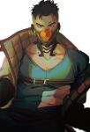 1boy apex_legends bara black_eyes black_hair blue_shirt chinese_commentary collarbone crypto_(apex_legends) grey_jacket highres jacket large_pectorals looking_at_viewer machine_language_crypto male_focus mask mole mole_under_eye mouth_mask muscular muscular_male off_shoulder official_alternate_costume pectorals shirt solo undercut v-shaped_eyebrows yitiao_da_shu 