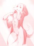  2022 anthro areola big_breasts biped bodily_fluids breasts canid canine cheek_tuft closed_smile digital_media_(artwork) facial_tuft featureless_crotch female fur habit kazuhiro kemono looking_at_viewer mammal monochrome mouth_closed nipples nun nun_habit nun_outfit pink_and_white portrait smile smiling_at_viewer snout solo sweat three-quarter_portrait tongue tongue_out tuft 