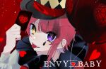  1boy card envy_baby_(vocaloid) fang hat heart heterochromia highres hosizora_(sparetime) male_focus playing_card purple_eyes red_hair rinu_(stpri) short_hair solo song_name strawberry_prince teardrop_facial_mark teardrop_tattoo tongue tongue_out top_hat yellow_eyes 