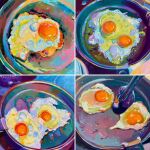  alaiganuza bubble chromatic_aberration cooking egg egg_yolk english_commentary food food_focus fried_egg frying_pan highres no_humans oil oil_painting_(medium) original painting_(medium) reflection signature spatula traditional_media variations 