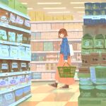  1girl absurdres bag bangs black_footwear blue_jacket brown_hair food from_side highres indoors inoue_haruka_(haruharu210) jacket long_skirt original pink_skirt shoes shopping_basket short_hair shoulder_bag skirt solo tile_floor tiles wide_shot 