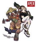  1girl 1other apex_legends axe bangs bird black_shirt black_shorts bloodhound_(apex_legends) brown_eyes brown_hair camouflage_footwear copyright_name crop_top crow energy_gun goggles gun headphones helmet highres holding holding_axe holding_gun holding_weapon licking_lips logo m1904_mastiff midriff navel original over_shoulder purple_eyes pushi. raven&#039;s_bite rebreather shirt shoes shorts shotgun smile sneakers tongue tongue_out weapon weapon_over_shoulder white_background 