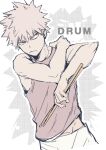  1boy bakugou_katsuki bare_arms boku_no_hero_academia brown_tank_top cai_(caiirocai) closed_mouth commentary_request drumsticks frown hand_on_own_shoulder holding holding_drumsticks looking_to_the_side male_focus pale_color pants red_eyes short_hair solo spiked_hair tank_top white_background 