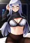  1girl bangs black_sweater blunt_bangs blush breasts brown_legwear cleavage clothes_lift commentary girls&#039;_frontline glasses green_eyes grin hair_ornament highres hk416_(girls&#039;_frontline) indoors large_breasts long_hair looking_at_viewer midriff navel no_pants pantyhose red-framed_eyewear silver_hair sitting smile solo stomach sweater sweater_lift thighband_pantyhose very_long_hair yan_kodiac 