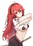  1girl absurdres ahoge bangs black_hairband blush breasts bunching_hair cleavage crossed_bangs eris_greyrat eyebrows_visible_through_hair hair_between_eyes hairband highres humany large_breasts long_hair looking_at_viewer mushoku_tensei navel red_eyes red_hair shirt_over_head solo thick_eyebrows 