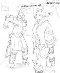  absurd_res anthro biceps canid comic disability duo english_text female fur hi_res kofomy mammal mechanical_arm monochrome muscular muscular_female prosthetic speech_bubble text 