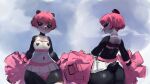  anthro blush breasts cheerleader cheerleader_outfit duo exposed_breasts female giant_panda hair hi_res mammal medium_breasts midriff pasties pink_hair pom_poms short_tail simple_background smewed solo thick_thighs ursid 