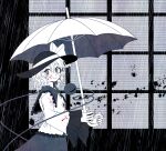  1girl bad_id bad_pixiv_id blood blood_on_clothes blood_on_face blouse bow buttons closed_mouth diamond_button eyebrows_behind_hair fingernails frilled_shirt_collar frilled_sleeves frills from_side greyscale hair_between_eyes hat hat_bow highres holding holding_umbrella komeiji_koishi long_sleeves looking_at_viewer looking_to_the_side medium_hair monochrome rain safe3133 shirt skirt smile solo spot_color symbol-only_commentary third_eye touhou umbrella upper_body wide_sleeves 