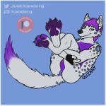  anthro anus canid canine feet foot_focus fox fur hair hindpaw hugging_legs hyaenid hybrid inner_ear_fluff long_tail looking_at_viewer lying male mammal on_back orange_eyes pawpads paws perineum presenting presenting_anus purple_hair purple_pawpads purple_paws quinny solo spots spotted_body spotted_fur spotted_hyena tuft xanderg_(artist) 