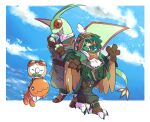  +_+ belt belt_buckle border brown_bag brown_gloves buckle buttons closed_eyes closed_mouth clothed_pokemon cloud commentary_request decidueye fingerless_gloves flygon gloves goggles goggles_on_head green_jacket green_pants highres jacket no_humans one_eye_closed pants pants_tucked_in pkpokopoko3 pokemon pokemon_(creature) rowlet sky smile strap trapinch wavy_mouth white_border 