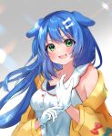  1girl :3 :d alternate_eye_color alternate_hair_color bare_shoulders blue_hair bone_hair_ornament breasts buttons eyebrows_visible_through_hair fangs gloves green_eyes hair_ornament highres hololive inugami_korone jacket light_blush long_hair putting_on_gloves smile solo sonic_(series) sonic_the_hedgehog takumin_dx upper_body v-shaped_eyebrows virtual_youtuber white_gloves yellow_jacket 