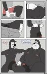  2022 absurd_res anthro balls belly big_belly canid clothing comic disney duo english_text erection felid gendomx genitals goof_troop hi_res humanoid_genitalia humanoid_hands humanoid_penis male male/male mammal max_goof moobs nipples overweight overweight_male penis pj_(goof_troop) text undressing 