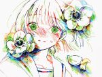  1girl absurdres anemone_(flower) blush colorful eyebrows_visible_through_hair flower green_eyes highres medium_hair original parted_lips portrait sailor_collar school_uniform serafuku signature solo tmari traditional_media white_flower white_hair white_sailor_collar 