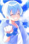  1boy bandana birthday blue_hair closed_eyes cloud cloudy_sky colon_(stpri) facing_viewer fist_bump happy_birthday highres hood hoodie hosizora_(sparetime) male_focus shirt short_hair sky smile solo strawberry_prince white_shirt 