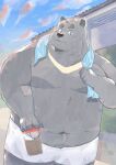  2022 absurd_res anthro belly big_belly black_nose blush bottomwear clothing detailed_background en_1_9 hi_res humanoid_hands kemono male mammal moobs navel outside overweight overweight_male shorts solo towel towel_around_neck ursid 