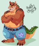  2022 activision anthro belly big_belly bottomwear brown_body canid canine canis clothing crash_bandicoot_(series) crocodile crocodilian crocodylid dingo dingodile green_body hi_res hybrid lewdookami male mammal navel overweight overweight_male pants reptile scalie simple_background solo video_games 
