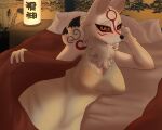  2022 amaterasu anthro bed bedroom_eyes belly big_breasts black_sclera breasts butt canid canine capcom claws cleavage clothed clothing deity digital_media_(artwork) female fur furniture hi_res inner_ear_fluff inside japanese_text lamp lantern looking_at_viewer lying mammal markings narrowed_eyes navel neck_tuft nightgown on_side orange_eyes paper_lantern red_markings seductive shoulder_tuft smile smirk solo text tuft under_blanket video_games white_body white_clothing white_fur whitev ōkami 