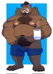  2022 anthro belly big_belly blue_ears blue_nose bottomwear brown_body brown_fur clothing facial_hair fur hi_res humanoid_hands male mammal moobs mug mustache navel nipples overweight overweight_male shorts simple_background solo splashburr tired ursid 