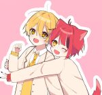  2boys androgynous animal_ears blonde_hair blush dog_boy dog_ears dog_tail fang highres hosizora_(sparetime) hug hug_from_behind looking_at_viewer male_focus multiple_boys one_eye_closed pink_background red_hair rinu_(stpri) root_(stpri) school_uniform strawberry_prince tail yellow_eyes 