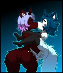  ambiguous_gender ambiguous_penetration anthro bodily_fluids carrying_partner clothing cum cum_inside digital_media_(artwork) duo ejaculation eyes_closed fur genital_fluids hair hi_res horn kissing legwear penetration sex simple_background thick_thighs thigh_highs toongstar tufted_ears 