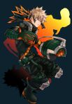  1boy bakugou_katsuki black_bodysuit black_mask blonde_hair blue_background bodysuit boku_no_hero_academia boots cai_(caiirocai) closed_mouth commentary_request eye_mask frown full_body gloves green_belt green_footwear green_gloves knee_pads looking_at_viewer male_focus multicolored_clothes multicolored_gloves orange_gloves red_eyes short_hair simple_background solo spiked_hair torn_mask 