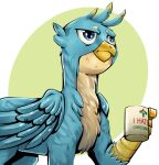  2018 avian beak beverage blue_body blue_eyes blue_feathers brother-lionheart coffee digital_media_(artwork) feathered_wings feathers feral gallus_(mlp) gryphon half-closed_eyes hasbro holding_object male my_little_pony mythological_avian mythology narrowed_eyes solo tan_body tan_feathers tuft wings 