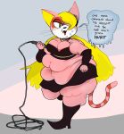  2022 anthro blonde_hair blush bodily_fluids bomberman boots bottomwear breasts cleavage clothed clothing colored dialogue domestic_cat english_text felid feline felis female footwear fuzzywooly hair hair_over_eye hi_res long_hair mammal natia navel obese obese_anthro obese_female one_eye_obstructed overweight overweight_anthro overweight_female simple_background skirt solo speech_bubble sweat text whip 