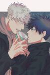  2boys bangs black_coat black_hair blue_eyes buttons coat coffee_cup commentary_request cup disposable_cup drinking fushiguro_megumi fushirun_rung gojou_satoru green_eyes grey_hoodie hair_between_eyes hand_grab highres hood hood_down hoodie jacket jujutsu_kaisen long_sleeves looking_at_another male_focus multiple_boys shirt short_hair spiked_hair white_shirt yaoi 