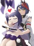  2girls absurdres black_hair blush closed_eyes doll_hug genshin_impact heart highres hug japanese_clothes kimono kujou_sara mask mask_on_head multiple_girls object_hug purple_hair stuffed_toy sword thought_bubble weapon ym-1 