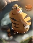  2022 anthro bathing biped blush cute_fangs detailed_background felid hi_res hon55728 humanoid_hands kemono male mammal overweight overweight_male pantherine solo tiger water 