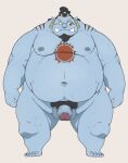  2022 anthro balls beard belly big_belly blue_body censored facial_hair fish-men_(one_piece) flaccid genitals humanoid_genitalia humanoid_hands humanoid_penis jinbe kemono male marine moobs navel nipples one_piece overweight overweight_male penis simple_background solo taro_heppoko 