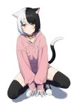  1girl absurdres animal_ear_fluff animal_ears bangs bell between_legs black_choker black_footwear black_hair black_legwear blush cat_ears cat_girl cat_tail choker closed_mouth copyright_request drawstring eyebrows_behind_hair full_body hand_between_legs highres hood hood_down hoodie jingle_bell long_sleeves looking_at_viewer multicolored_hair neck_bell pink_hoodie puffy_long_sleeves puffy_sleeves shadow shoes silver_hair sleeves_past_wrists solo spread_legs squatting syhan tail thighhighs two-tone_hair virtual_youtuber white_background 